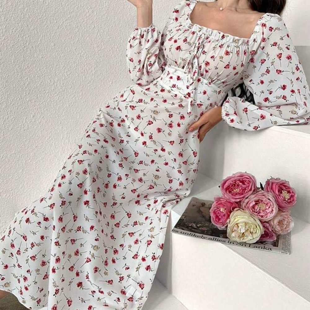 Mulvari Women's Floral Printed Long Sleeve Square Neck Vacation Dress